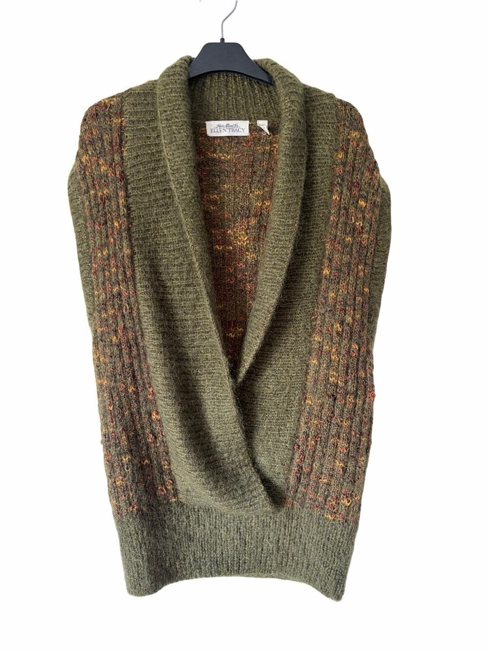 Vintage Ellen Tracy Olive Green Chunky Mohair Vest Shawl Collar size small